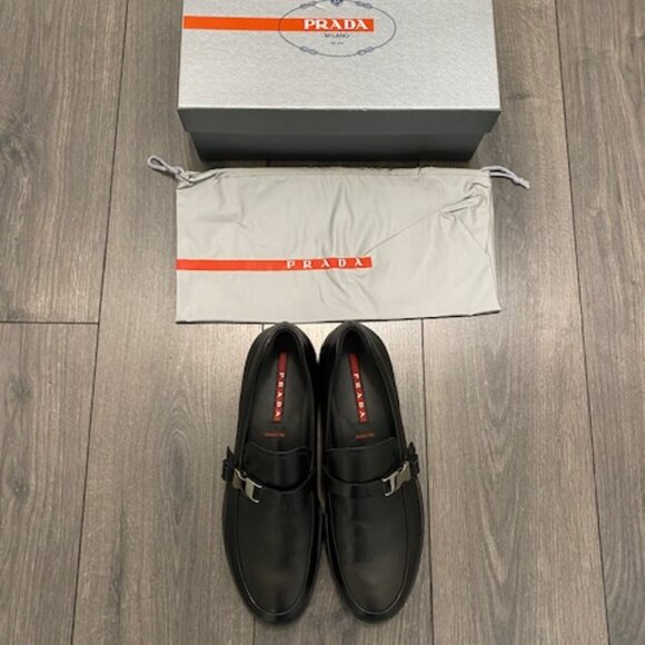 Prada Black Leather Silver Buckle Rubber Sole Slip On Loafers Size 11 NWT - Picture 1 of 13